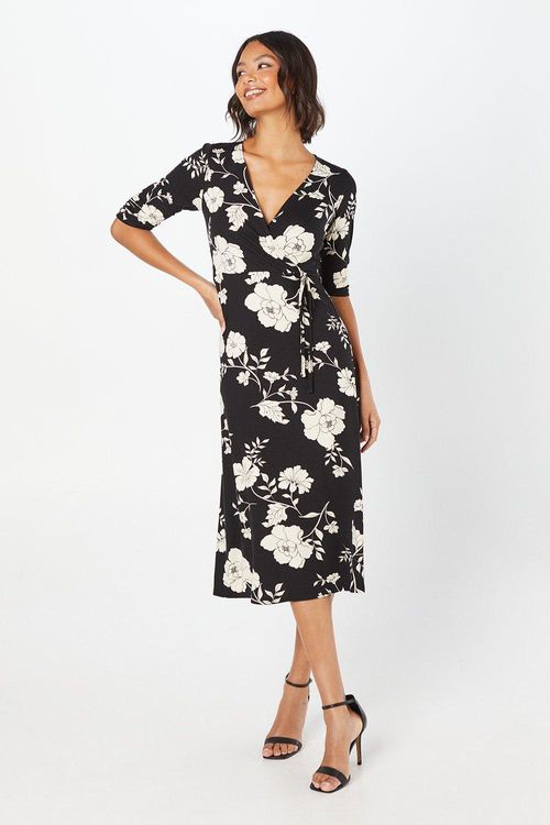 Womens Black Floral Wrap Midi...