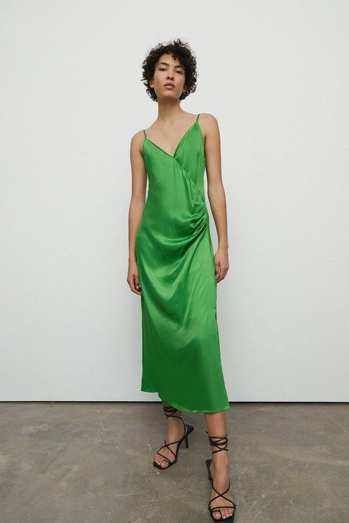 Womens Satin Wrap Ruched Slip Midi Dress - green