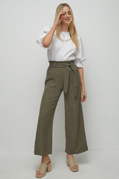 Womens Linen Mix Tie Paper Bag Waist Trousers