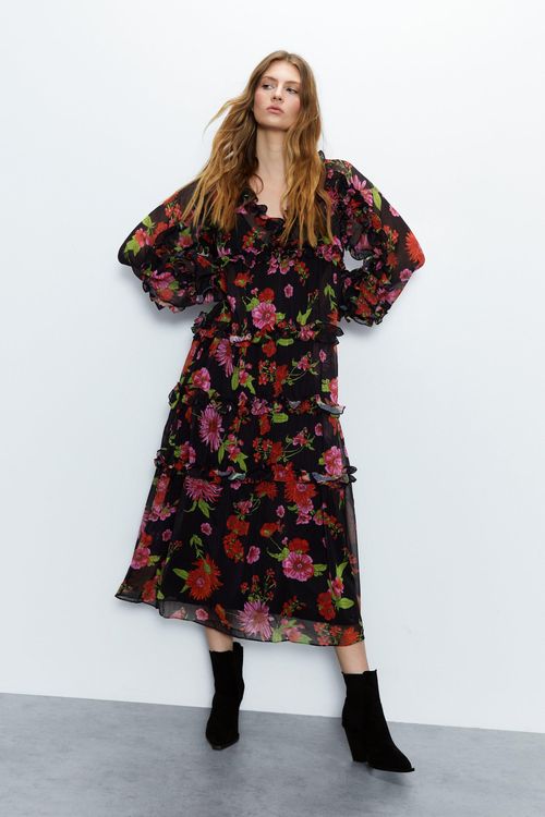 Womens Floral Chiffon  Ruffle...