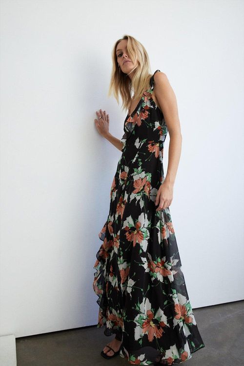 Womens Floral Strappy Ruffle Wrap Maxi Dress - black