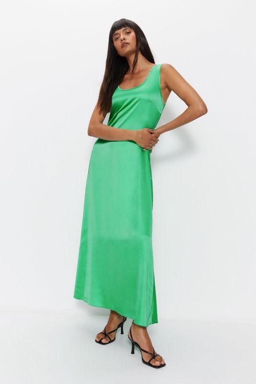 Womens Scoop Neck Satin Midi...