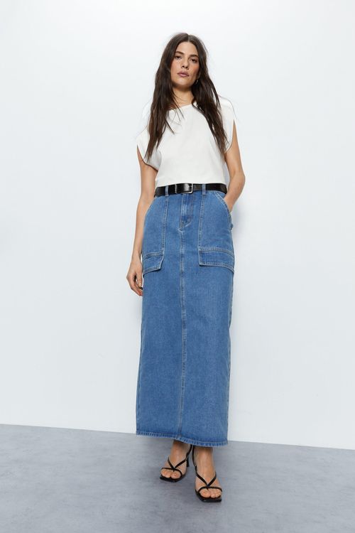 Womens Denim Cargo Midi Skirt...