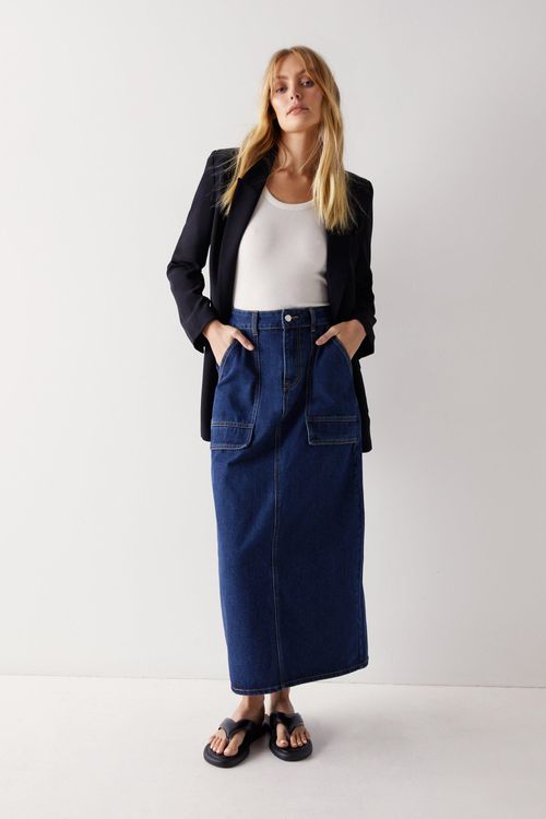 Womens Denim Cargo Midi Skirt...