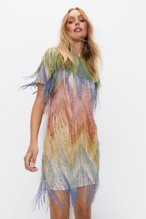 Womens Rainbow Beaded Fringe Shift Dress - nude