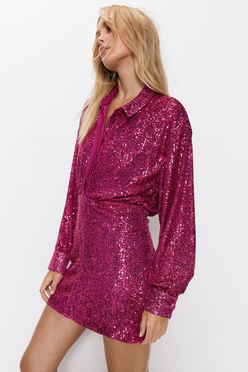 Womens Sequin Shirt Dress -...