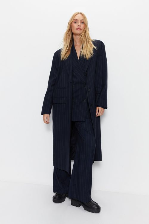 Womens Premium Tailored Pinstripe Duster Coat - navy