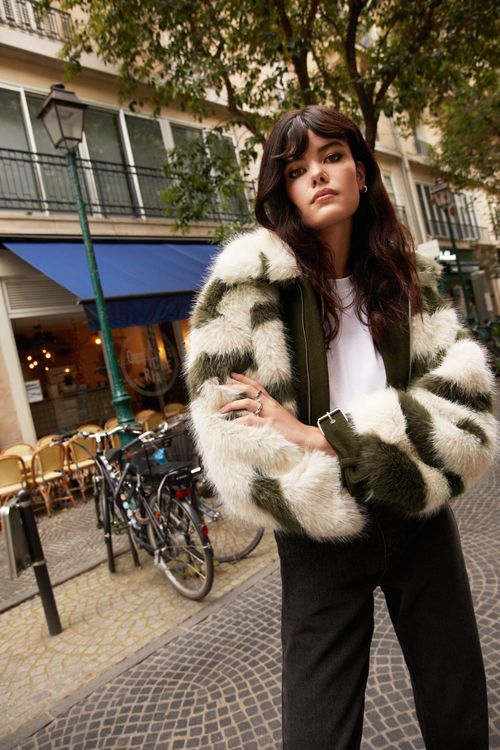 Womens Marble Faux Fur Coat -...