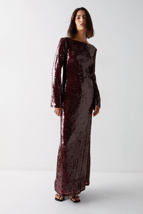 Womens Slash Neck Sequin Maxi...