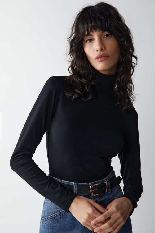 Womens Premium Soft Touch Roll Neck Long Sleeve Top - black