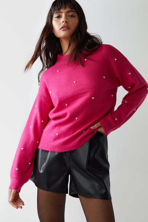 Womens Pearl Embellished Jumper - pink