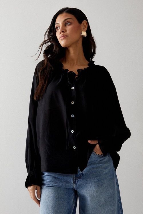 Womens Button Through Smock Blouse - black