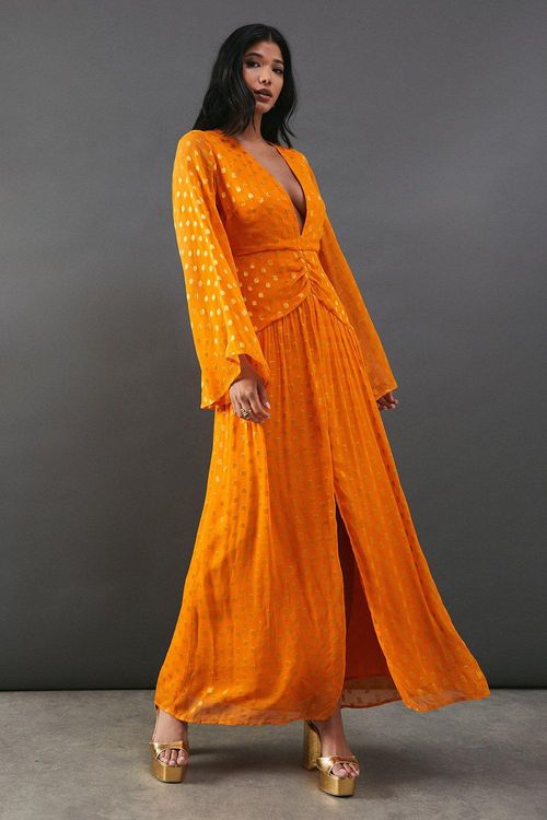 Womens Metallic V Plunge Kimono Sleeve Maxi Dress - orange