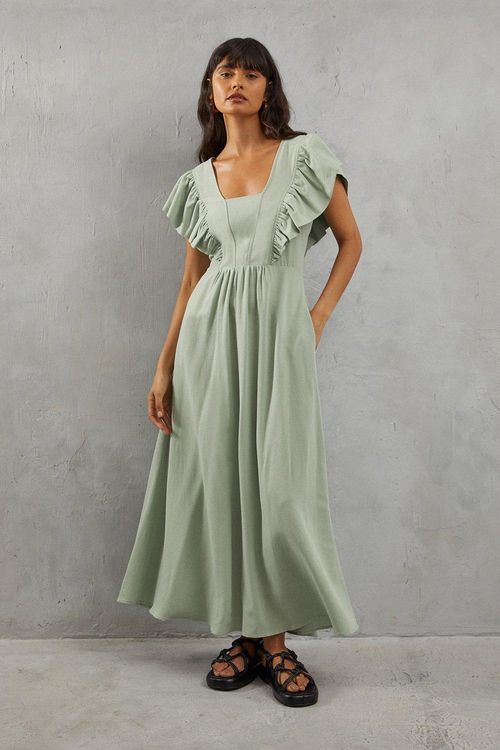 Womens Linen Frill Neck Plunge Neck Midi Dress - khaki