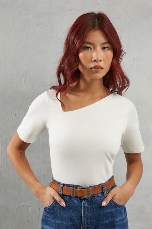 Womens Plain Asymmetric Neck Short Sleeve Jersey Top - ivory