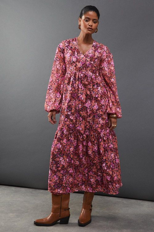 Womens Floral Burnout Chiffon Wrap Smock Midi Dress - pink