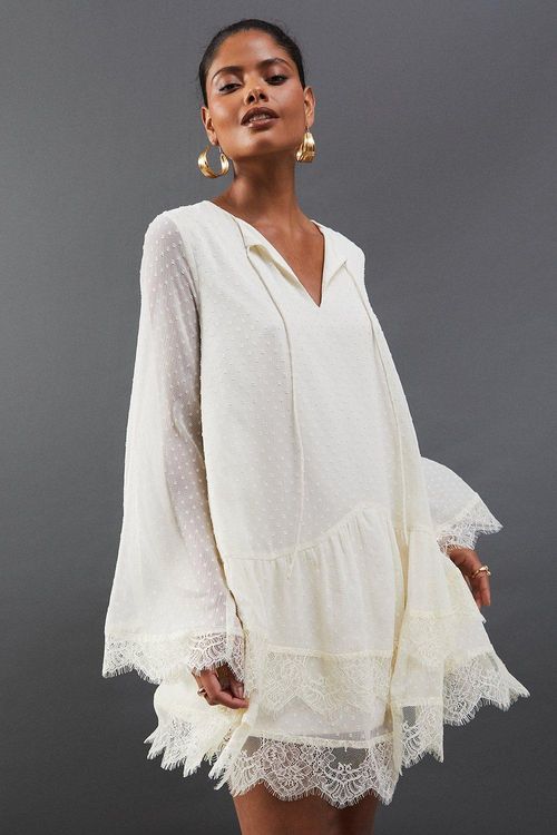 Womens Dobby Chiffon Tie Neck Lace Hem Mini Dress - cream