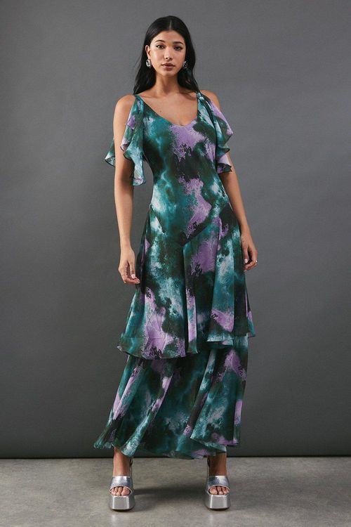 Womens Abstract Strappy Chiffon Tendril Layer Midi Dress - green