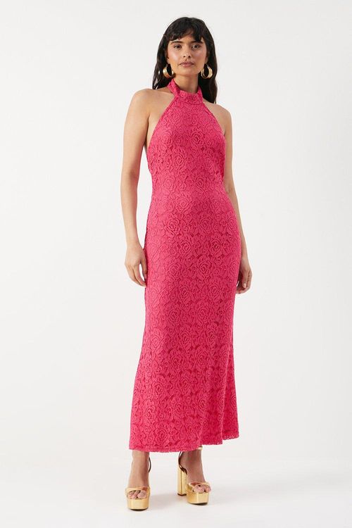 Womens Guipure Lace Halter Midi Slip Dress - pink