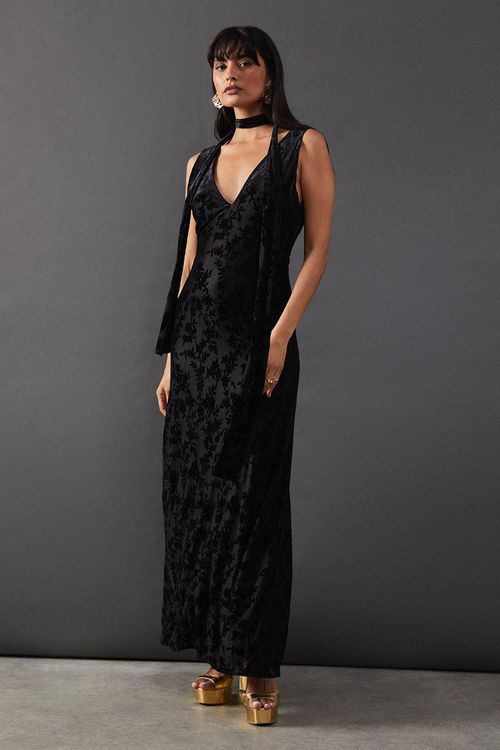 Womens Burnout Jacquard Tie Neck Plunge Maxi Dress - black