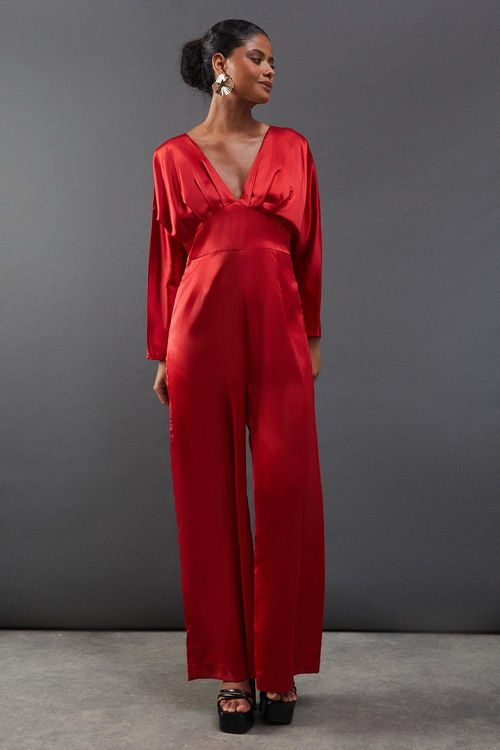 Womens Satin Batwing Wide Leg Jumpsuit - red