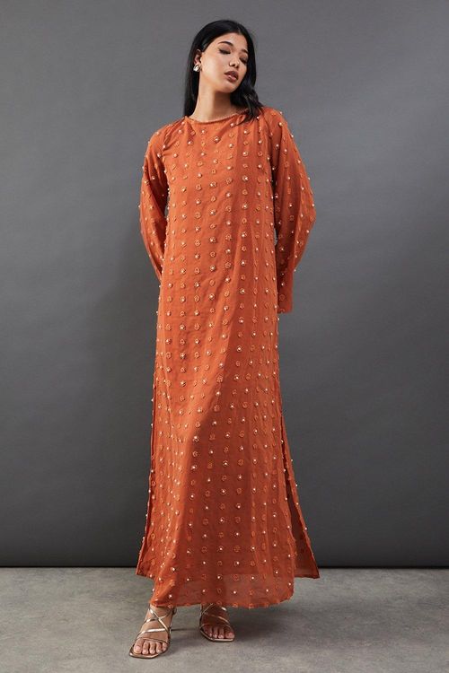 Womens Pearl Tufted Dobby Chiffon Midaxi Dress - rust