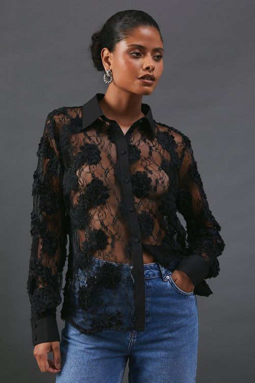 Womens Textured Lace Sheer Shirt - black