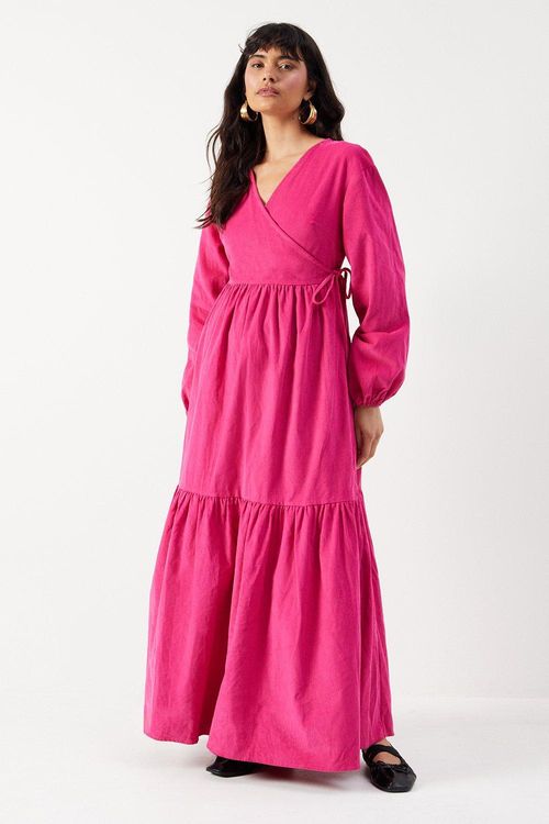 Womens Baby Cord Wrap Midi Smock Dress - hot pink