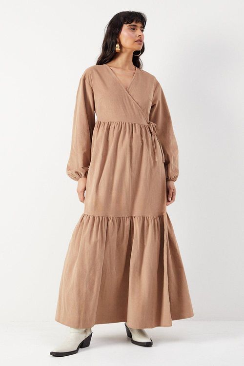 Womens Baby Cord Wrap Midi Smock Dress - taupe