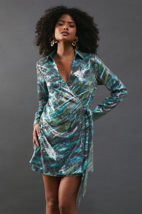 Womens Sequin Wrap Mini Shirt...