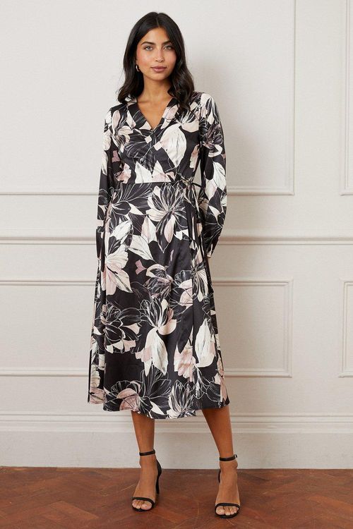 Womens Floral Satin Wrap Midi...