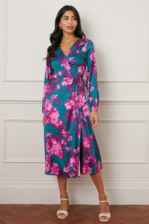 Womens Floral Satin Wrap Midi...