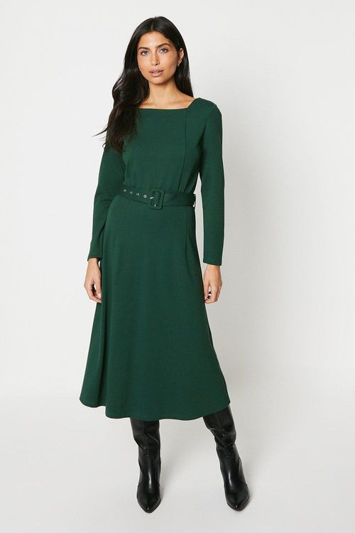 Womens Ponte Belted Midi Dress