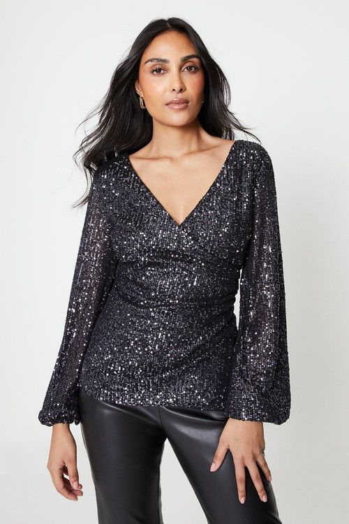 Womens Petite Sequin Long...