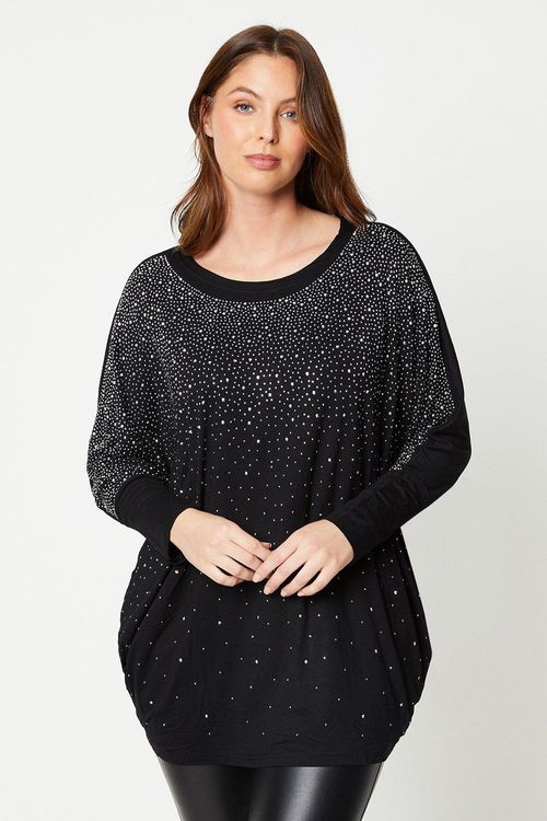 Womens Batwing Diamante Top