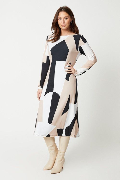 Womens Tall Geo Belted Jersey Midi Dress