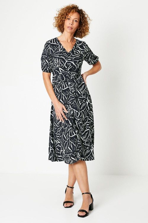 Womens Floral Print V Neck Ruched Front Midi Tea Dress