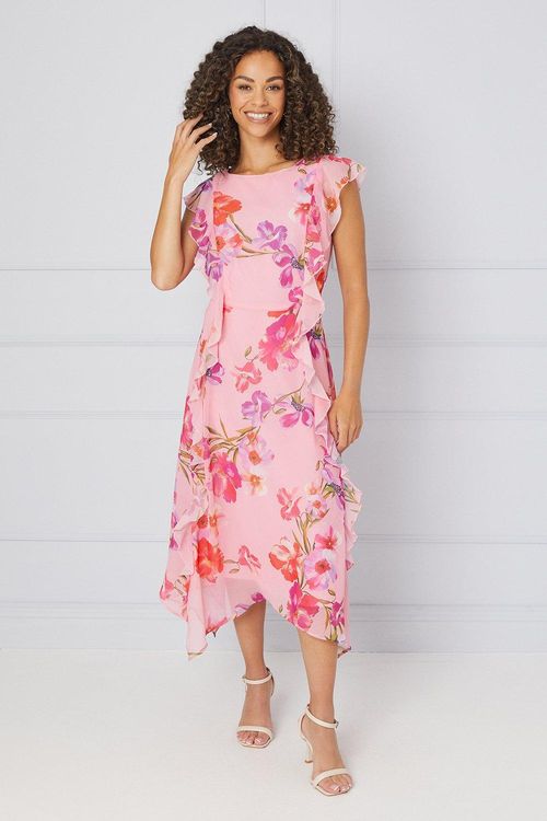 Womens Floral Ruffle Detail Hanky Midi Dress