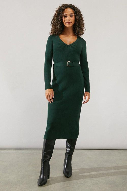 Womens V Neck Belted Knitted Midi Dress