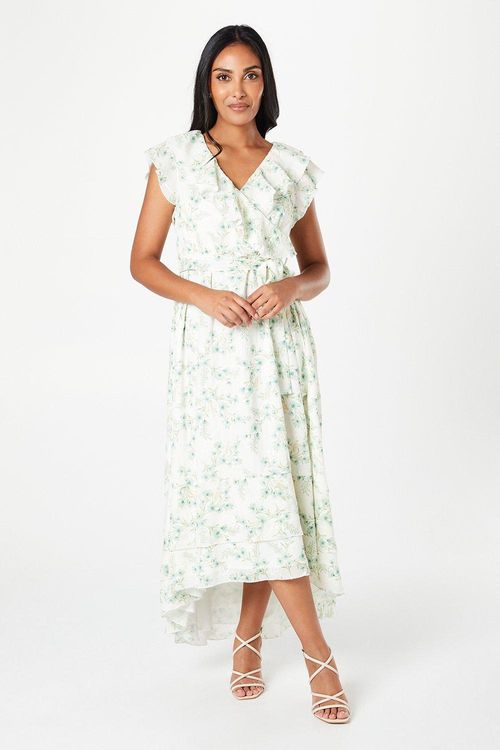 Womens Petite Floral Jacquard Satin Ruffle Maxi Dress