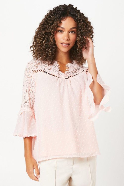 Womens Dobby Lace Yoke Blouse