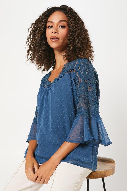 Womens Dobby Lace Yoke Blouse