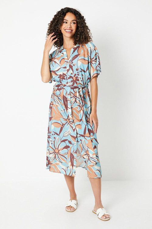 Womens Printed Viscose Kimono Sleeve Belted Wrap Midi Dress