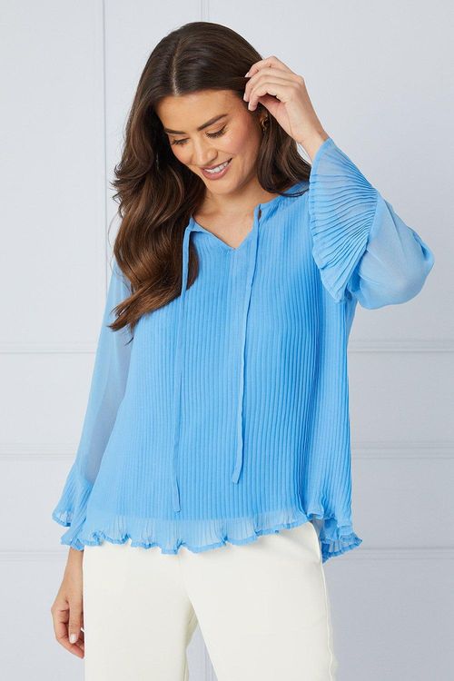 Womens Pleated Tie Neck Blouse