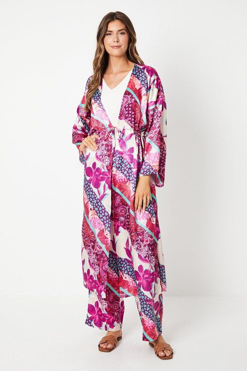 Womens Satin Jacquard Belted Longline Kimono