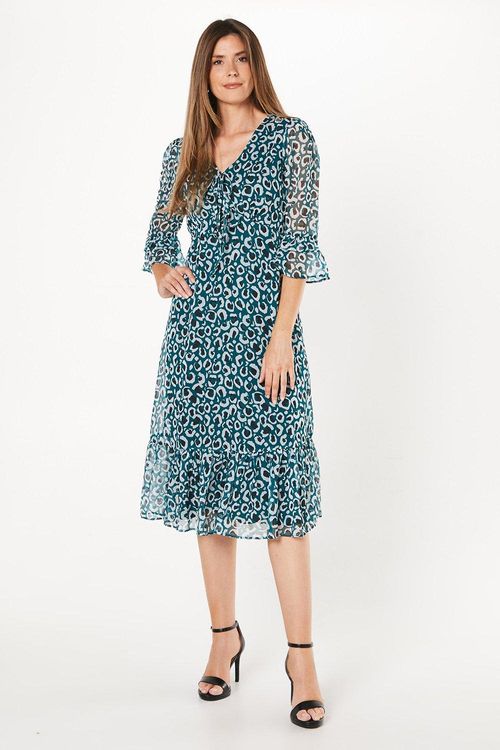 Womens Green Leopard Midi Tea...