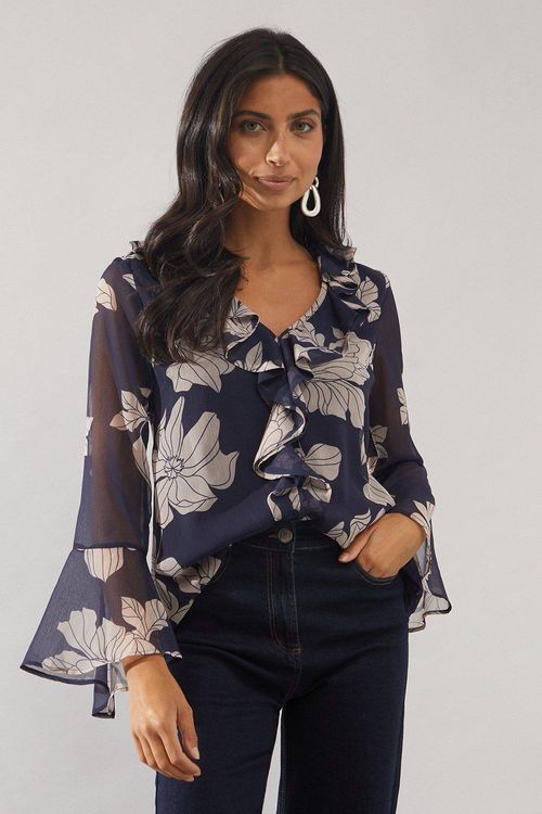 Womens Navy Floral Ruffle...