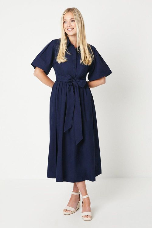 Womens Petite Belted Cotton Midi Dress