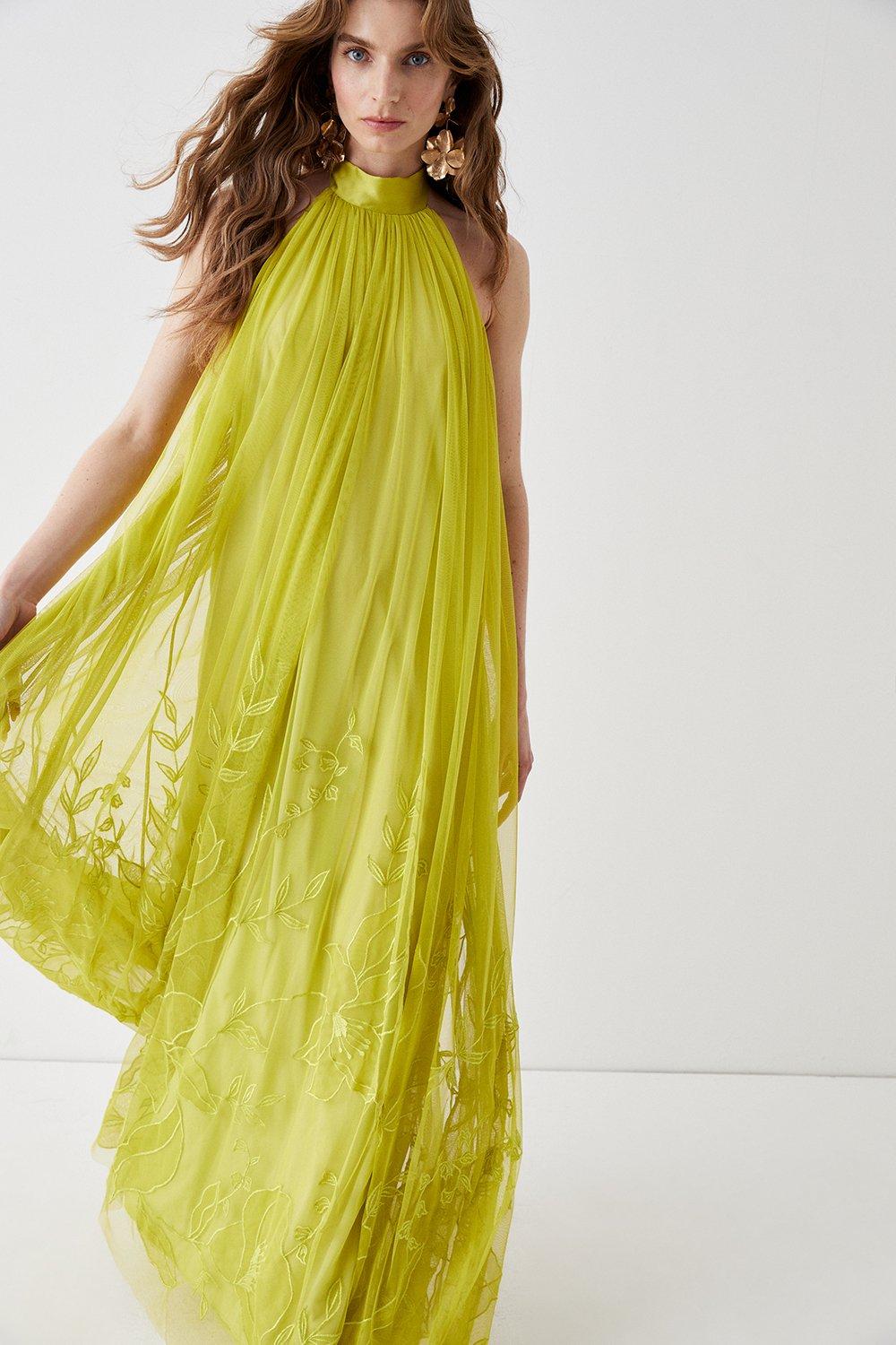 Alexandra Farmer Embroidered Lily Trapeze Maxi Dress Green