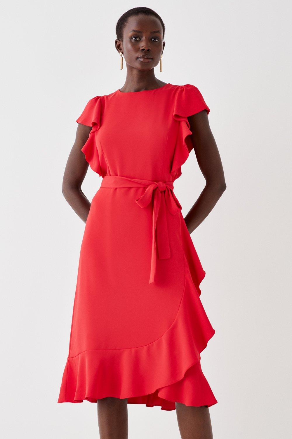 Ruffle Sleeve Tie Waist Midi Dress Red 51.00 Mirror Online